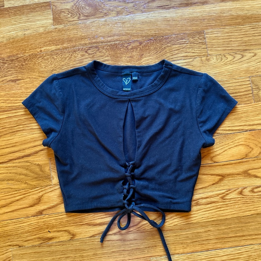 Windsor Black Tie Front Crop T-Shirt